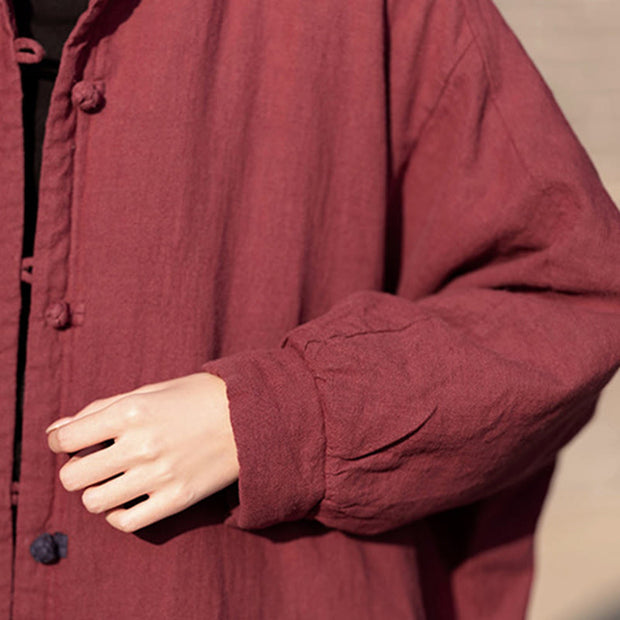 Buddha Stones Winter Solid Frog-Button Ramie Cotton Women's Long Sleeve Thermal Coat With Pockets - image 23