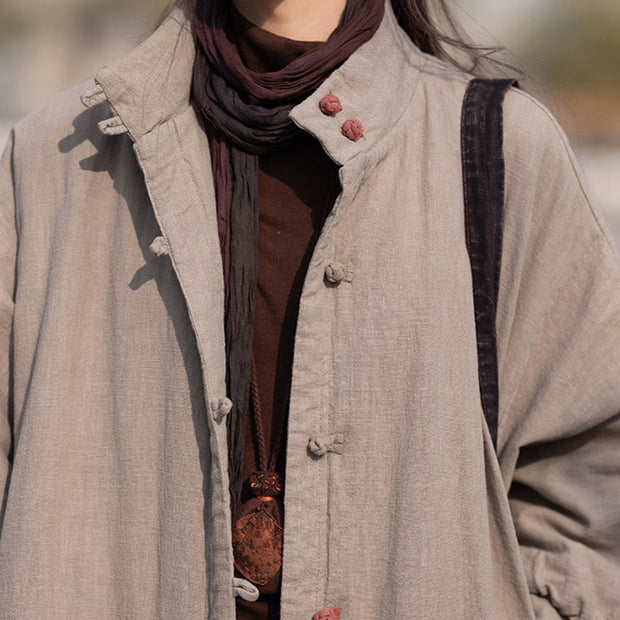 Buddha Stones Winter Solid Frog-Button Ramie Cotton Women's Long Sleeve Thermal Coat With Pockets - image 33