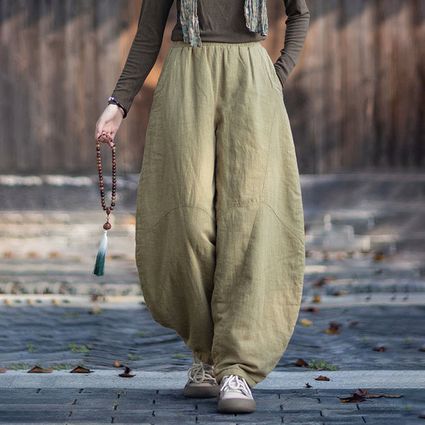 Buddha Stones Winter Elastic Waist Ramie Cotton Thermal Women's Pants With Pockets - image 1