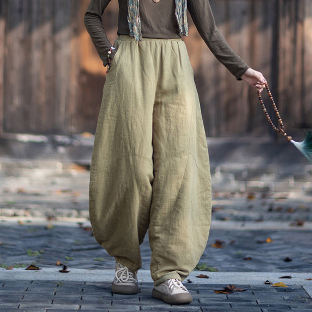 Buddha Stones Winter Elastic Waist Ramie Cotton Thermal Women's Pants With Pockets - image 7