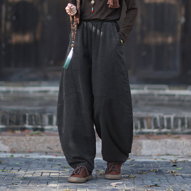 Buddha Stones Winter Elastic Waist Ramie Cotton Thermal Women's Pants With Pockets - image 25