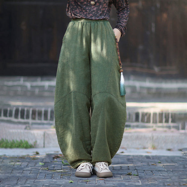 Buddha Stones Winter Elastic Waist Ramie Cotton Thermal Women's Pants With Pockets - image 29
