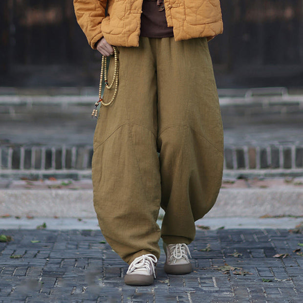 Buddha Stones Winter Elastic Waist Ramie Cotton Thermal Women's Pants With Pockets - image 38