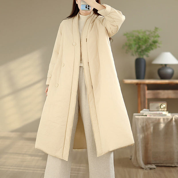 Buddha Stones Winter V-Neck Buttons Long Sleeve Thermal Women's Cotton Coat With Pockets - image 17