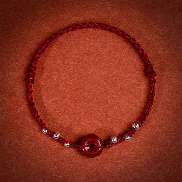Buddha Stones Cinnabar Peace Buckle Handmade String Adjustable Bracelet Anklet - Darkred String Anklet(Circumference 22-30cm) - image 13