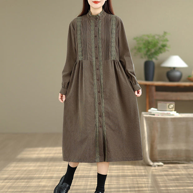 Buddha Stones Winter Pleated Buttons Down Long Sleeve Corduroy Women's Midi Dress With Pockets - image 5