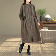 Buddha Stones Winter Pleated Buttons Down Long Sleeve Corduroy Women's Midi Dress With Pockets - image 4