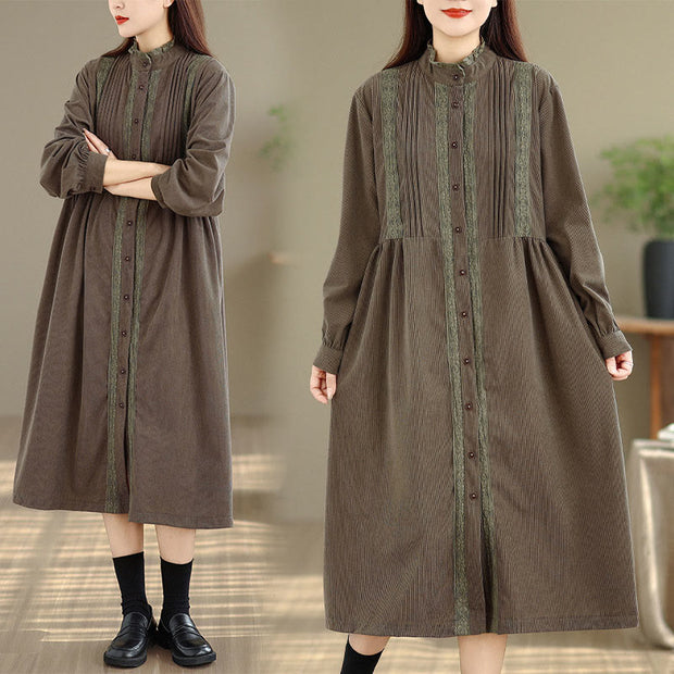Buddha Stones Winter Pleated Buttons Down Long Sleeve Corduroy Women's Midi Dress With Pockets - image 6