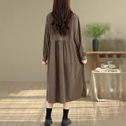 Buddha Stones Winter Pleated Buttons Down Long Sleeve Corduroy Women's Midi Dress With Pockets - image 3
