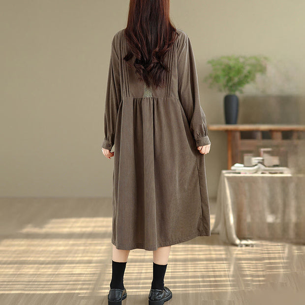 Buddha Stones Winter Pleated Buttons Down Long Sleeve Corduroy Women's Midi Dress With Pockets - image 3
