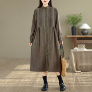 Buddha Stones Winter Pleated Buttons Down Long Sleeve Corduroy Women's Midi Dress With Pockets - image 2