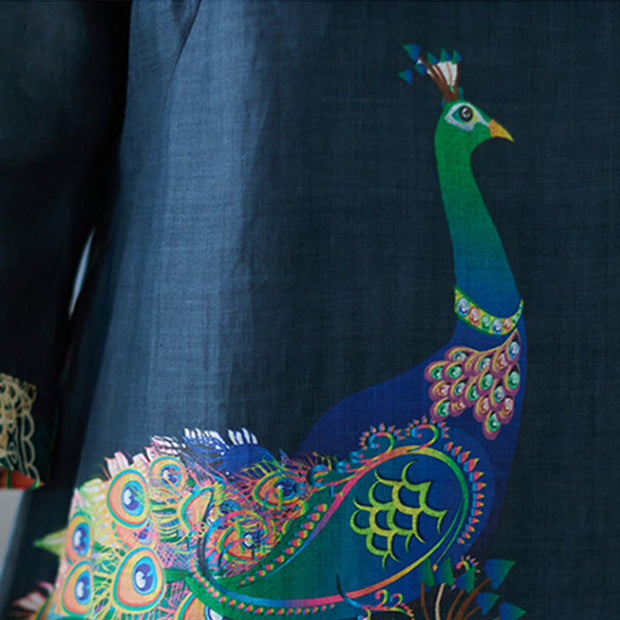 Buddha Stones Fall Colorful Peacocks Mandala Frog-Button Three Quarter Sleeve Cotton Women's Midi Dress - image 15