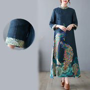 Buddha Stones Fall Colorful Peacocks Mandala Frog-Button Three Quarter Sleeve Cotton Women's Midi Dress - image 11