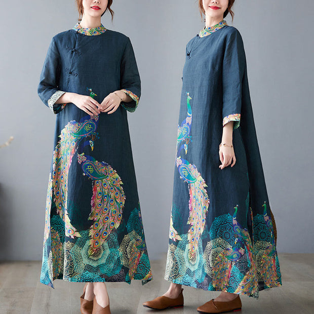 Buddha Stones Fall Colorful Peacocks Mandala Frog-Button Three Quarter Sleeve Cotton Women's Midi Dress - SteelBlue - US8-10，UK/AU12-14，EU40-42 (2XL) - image 0