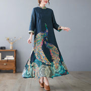Buddha Stones Fall Colorful Peacocks Mandala Frog-Button Three Quarter Sleeve Cotton Women's Midi Dress - image 1