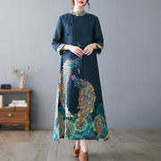 Buddha Stones Fall Colorful Peacocks Mandala Frog-Button Three Quarter Sleeve Cotton Women's Midi Dress - image 6