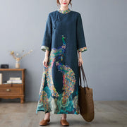 Buddha Stones Fall Colorful Peacocks Mandala Frog-Button Three Quarter Sleeve Cotton Women's Midi Dress - image 7