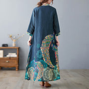 Buddha Stones Fall Colorful Peacocks Mandala Frog-Button Three Quarter Sleeve Cotton Women's Midi Dress - image 3