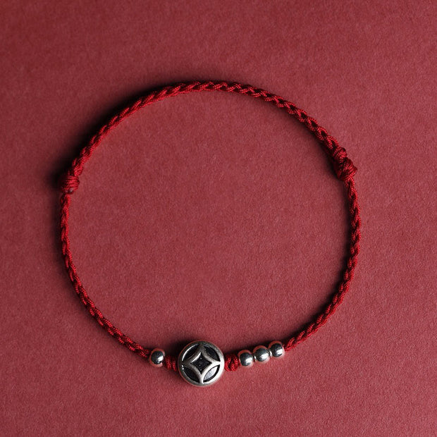 Buddha Stones 999 Sterling Silver Copper Coin Charm Handmade String Strength Bracelet Anklet - Darkred String Anklet(Circumference 22-30cm) - image 12