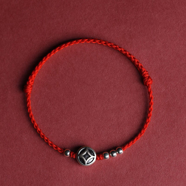Buddha Stones 999 Sterling Silver Copper Coin Charm Handmade String Strength Bracelet Anklet - Red String Anklet(Circumference 22-30cm) - image 1