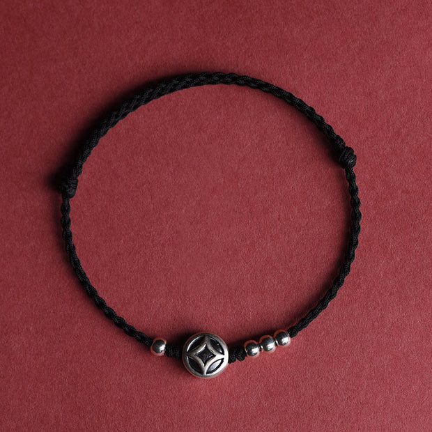 Buddha Stones 999 Sterling Silver Copper Coin Charm Handmade String Strength Bracelet Anklet - Black String Anklet(Circumference 22-30cm) - image 13