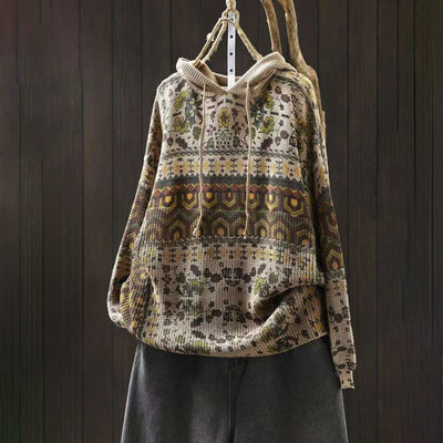 Buddha Stones Fall Striped Geometric Flowers Cotton Women's Long Sleeve Pullover Knitted Hoodie - Beige - US4-6，UK/AU8-10，EU36-38 (F) - image 0