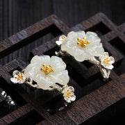 Buddha Stones Cherry Blossoms White Jade Copper plated Silver Blessing Earrings - White Jade - image 0
