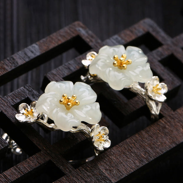 Buddha Stones Cherry Blossoms White Jade Copper plated Silver Blessing Earrings - White Jade - image 0