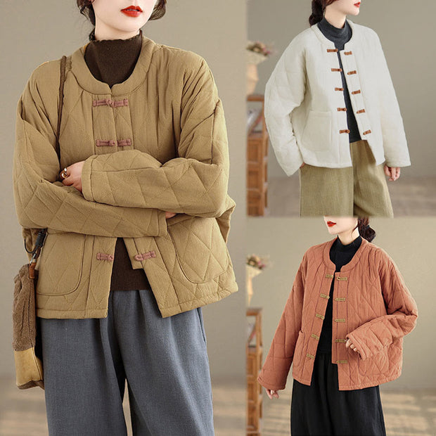 Buddha Stones Winter Frog-Button Diamond-shaped Lines Cotton Long Sleeve Women's Thermal Jacket With Pockets - image 22