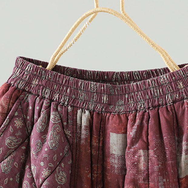 Buddha Stones Winter Square Diamond-shaped Patchwork Elastic Waist Women's Cotton Harem Pants With Pockets - image 3