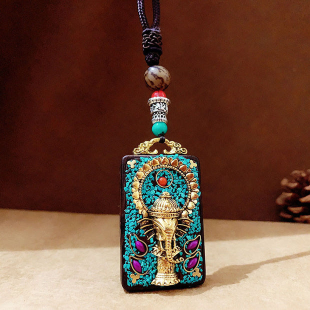 Buddha Stones Tibetan Ganesh Ganpati Elephant Ebony Wood Rope Peace Necklace Pendant - A Style - image 0