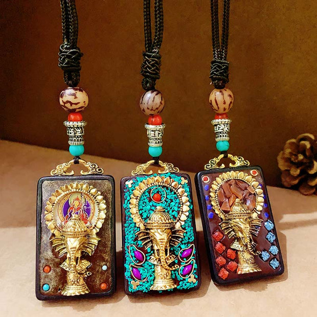 Buddha Stones Tibetan Ganesh Ganpati Elephant Ebony Wood Rope Peace Necklace Pendant - image 12