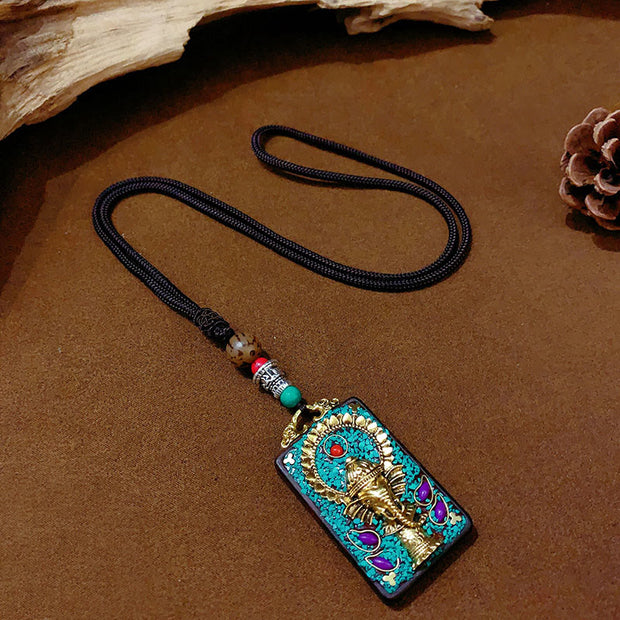 Buddha Stones Tibetan Ganesh Ganpati Elephant Ebony Wood Rope Peace Necklace Pendant - image 1