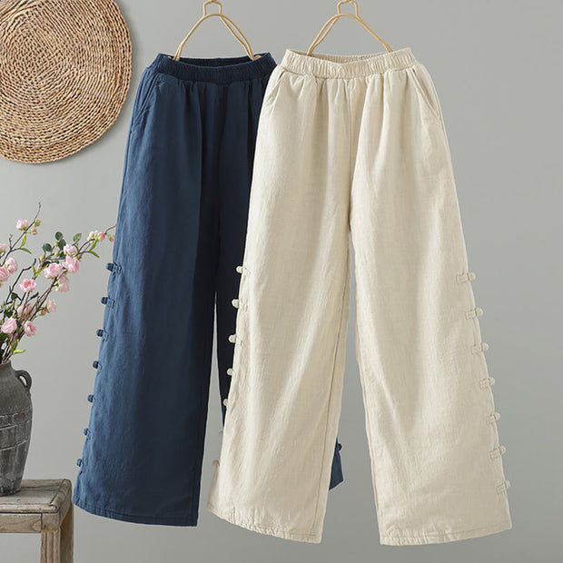 Buddha Stones Winter Elastic Waist Frog-Button Design Cotton Thermal Women's Straight Leg Pants With Pockets - image 0