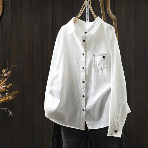 Buddha Stones Fall Buttons Down Pocket Decor Design Women's Stand Collar Long Sleeve Cotton Shirt - White - US6，UK/AU10，EU38 (L) - image 0