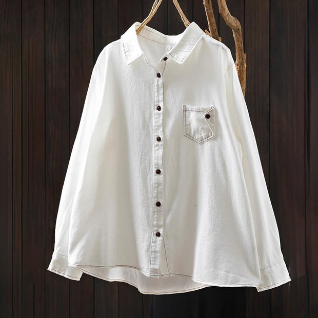 Buddha Stones Fall Buttons Down Pocket Decor Design Women's Stand Collar Long Sleeve Cotton Shirt - image 1