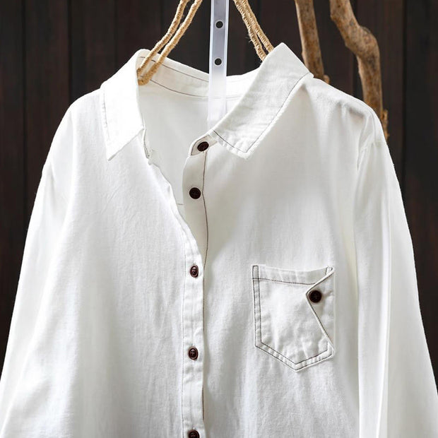 Buddha Stones Fall Buttons Down Pocket Decor Design Women's Stand Collar Long Sleeve Cotton Shirt - image 3