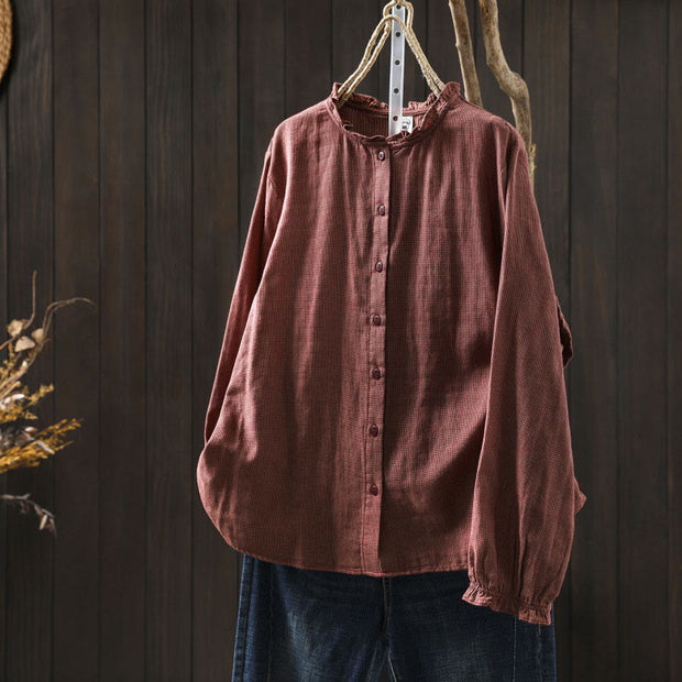 Buddha Stones Fall Small Plaid Button Down Ruffle Collar Long Sleeve Women's Cotton Shirt - IndianRed - US6，UK/AU10，EU38 (L) - image 13
