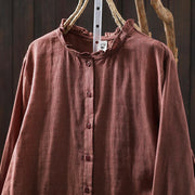 Buddha Stones Fall Small Plaid Button Down Ruffle Collar Long Sleeve Women's Cotton Shirt - image 14