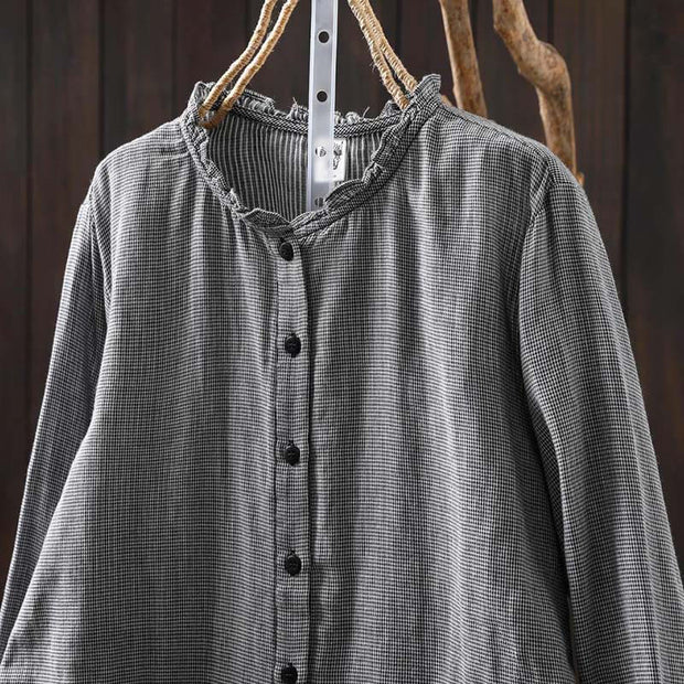 Buddha Stones Fall Small Plaid Button Down Ruffle Collar Long Sleeve Women's Cotton Shirt - image 16