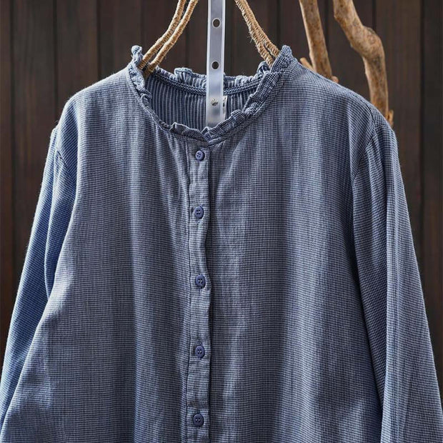 Buddha Stones Fall Small Plaid Button Down Ruffle Collar Long Sleeve Women's Cotton Shirt - image 3