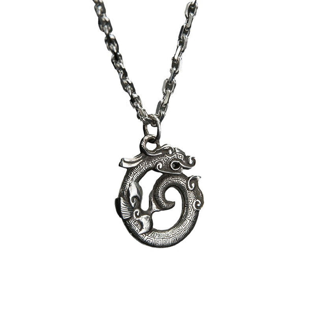 Buddha Stones Tibetan Coiling Dragon Taotie Pattern Copper Plated Silver Necklace Pendant - image 4