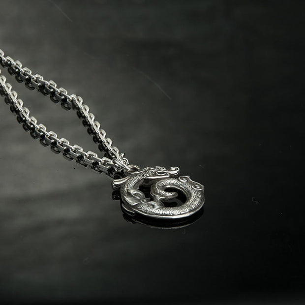 Buddha Stones Tibetan Coiling Dragon Taotie Pattern Copper Plated Silver Necklace Pendant - image 3