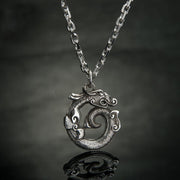 Buddha Stones Tibetan Coiling Dragon Taotie Pattern Copper Plated Silver Necklace Pendant - image 0