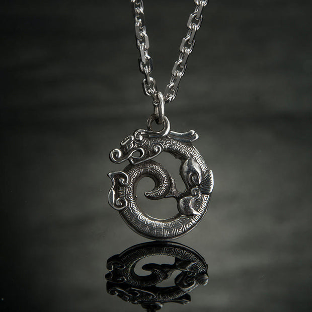 Buddha Stones Tibetan Coiling Dragon Taotie Pattern Copper Plated Silver Necklace Pendant - Coiling Dragon - image 1