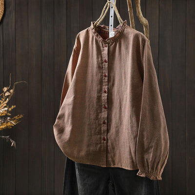 Buddha Stones Fall Tiny Plaid Button Down Ruffle Collar Long Sleeve Women's Cotton Shirt - DarkSalmon - US6，UK/AU10，EU38 (L) - image 0