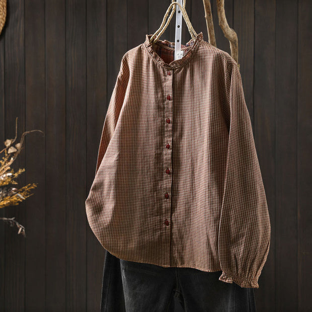 Buddha Stones Fall Tiny Plaid Button Down Ruffle Collar Long Sleeve Women's Cotton Shirt - DarkSalmon - US6，UK/AU10，EU38 (L) - image 0