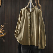 Buddha Stones Fall Tiny Plaid Button Down Ruffle Collar Long Sleeve Women's Cotton Shirt - DarkKhaki - US6，UK/AU10，EU38 (L) - image 13