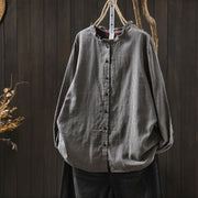 Buddha Stones Fall Tiny Plaid Button Down Ruffle Collar Long Sleeve Women's Cotton Shirt - Gray - US6，UK/AU10，EU38 (L) - image 15