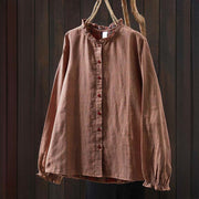 Buddha Stones Fall Tiny Plaid Button Down Ruffle Collar Long Sleeve Women's Cotton Shirt - image 1